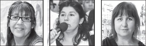 De izq. a derecha: ISABEL GUZMÁN , GRACIELA CALDERÓN Y PAULA ALFARO, dirigentes de Gral. Sarmiento, La Matanza y Lomas, quienes encabezan la representación de Docentes en Marcha en la Lila Multicolor provincial